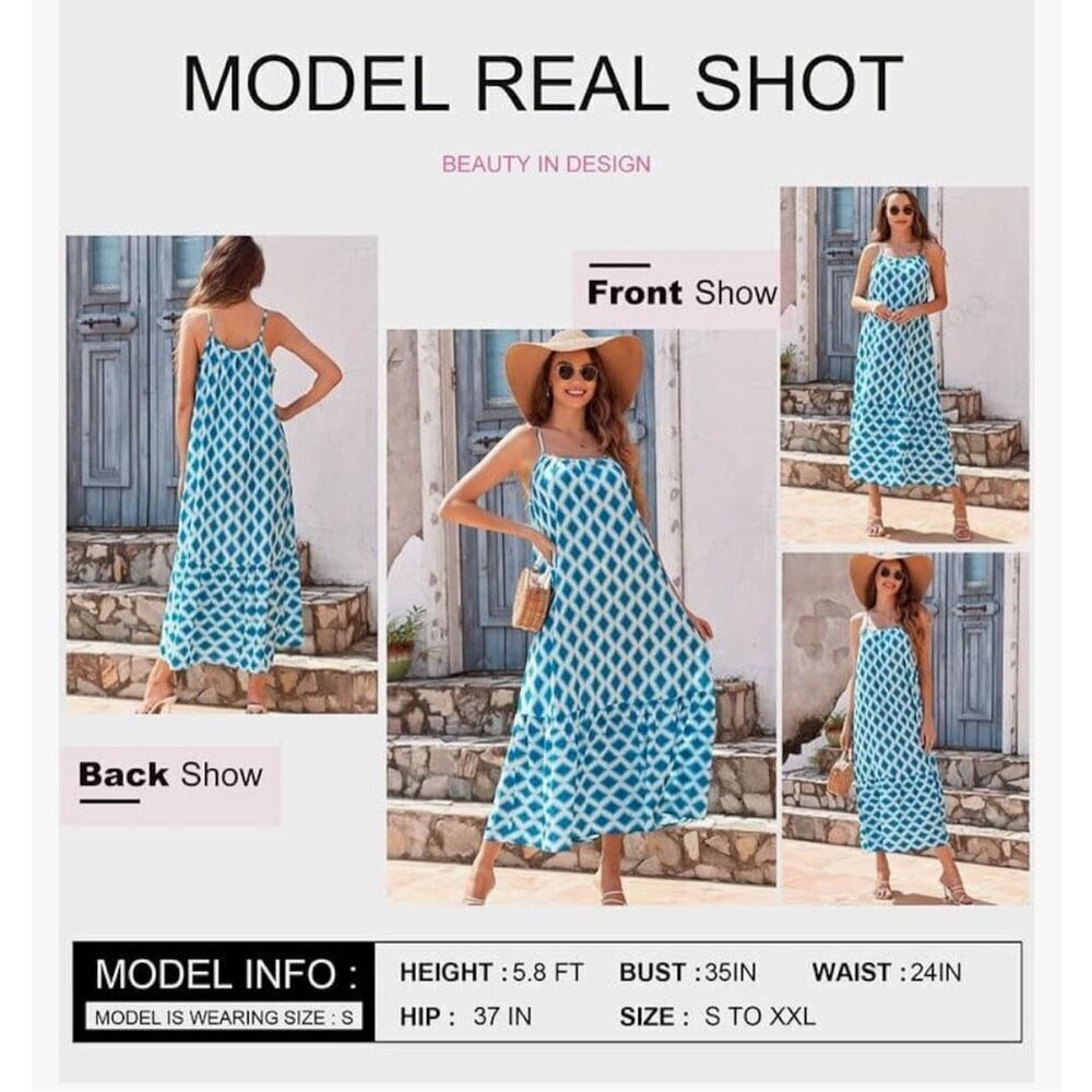 NEW Spaghetti Strap Scoop Neck Smocked Ruffle Flowy Maxi Dress S - Picture 5 of 6